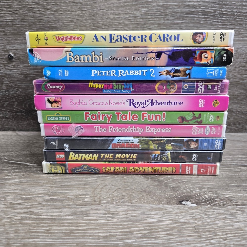 Kids DVD Lot (10) Disney Barney Sesame Street LEGO Batman Peter Rabbit + More